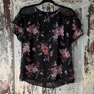 AGB Black Lace shoulder Floral Blouse with Ruffle Detail